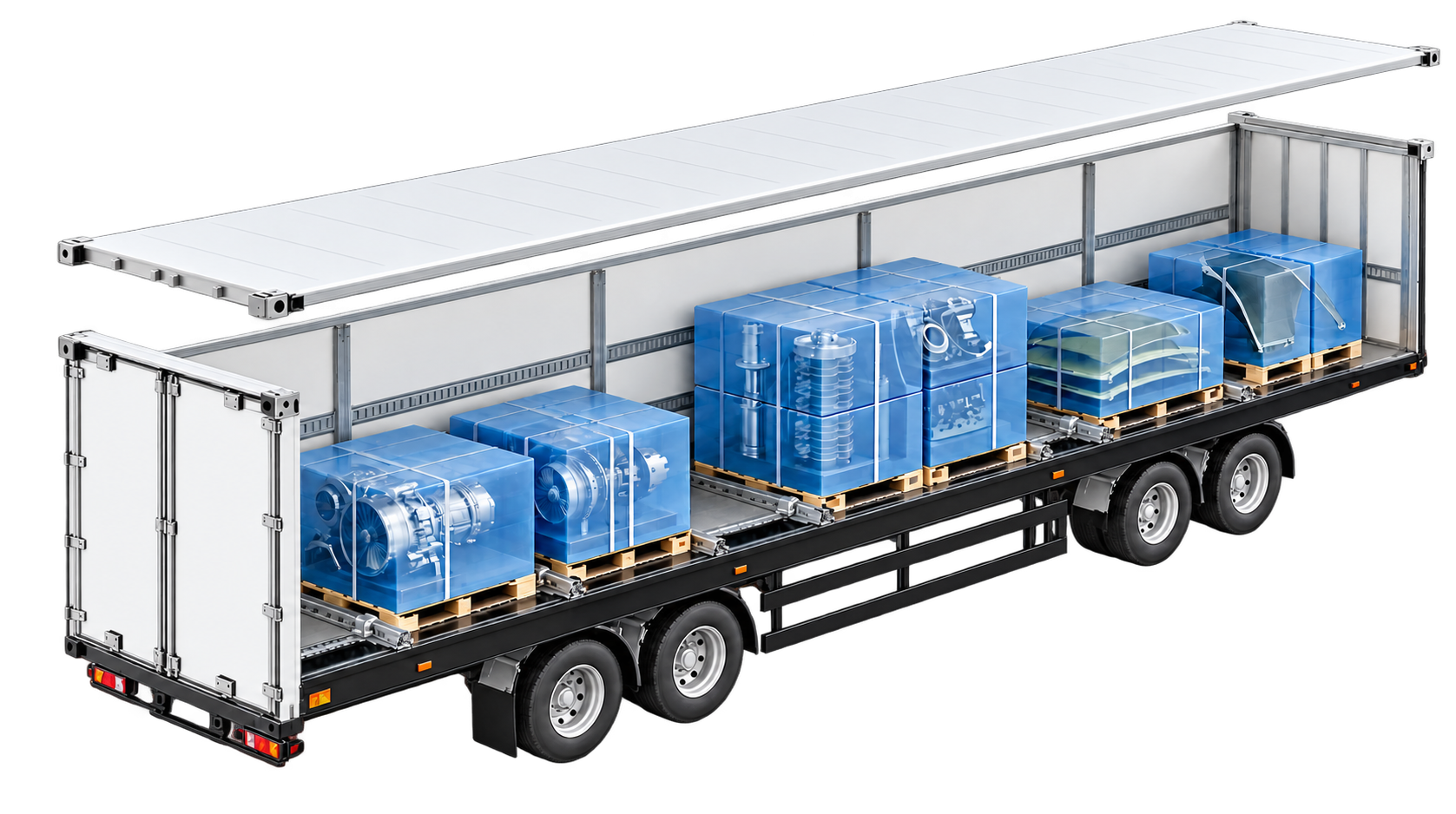 Conceptual 3D architectural cutaway of expedited commercial freight space with high-priority cargo and secure tie-downs
