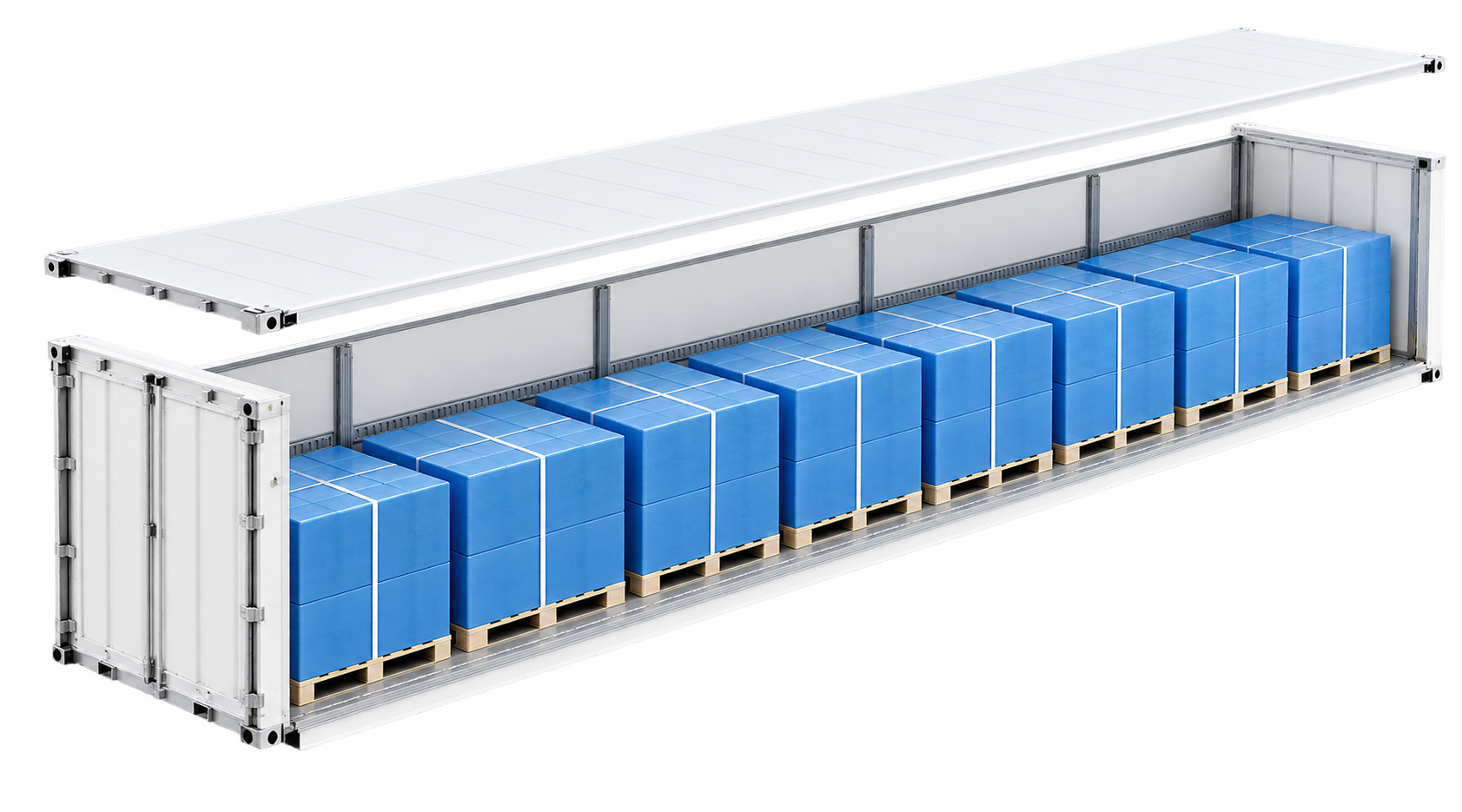 Conceptual 3D cutaway of enclosed freight space with blue palletized cargo and a raised roof