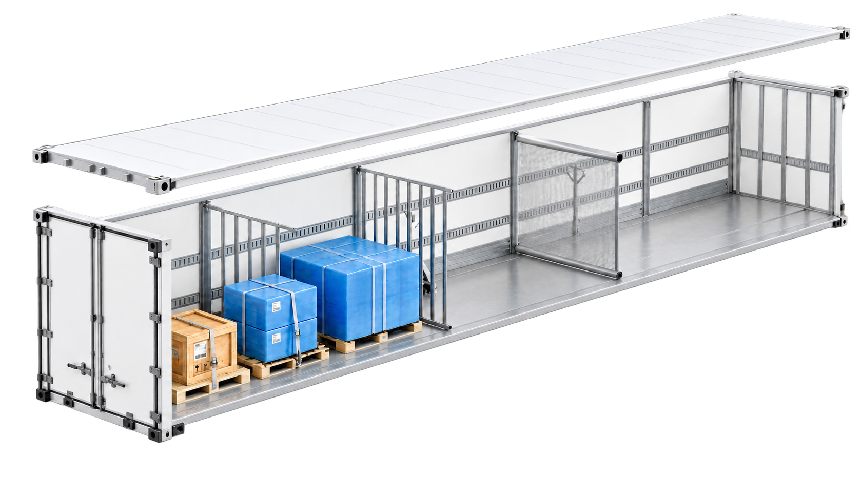 Conceptual 3D architectural cutaway of enclosed freight space with partial palletized cargo and open shared trailer capacity