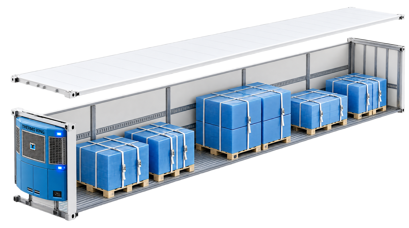 Conceptual 3D architectural cutaway of refrigerated freight space with front cooling unit, ribbed floor, and palletized cargo